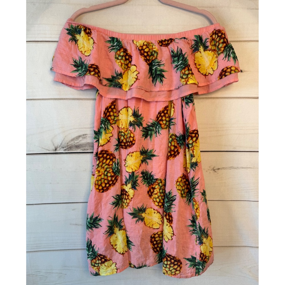 Hive & Honey Pink Pineapple Print Off Shoulder Ruffle Mini Dress Small C0683